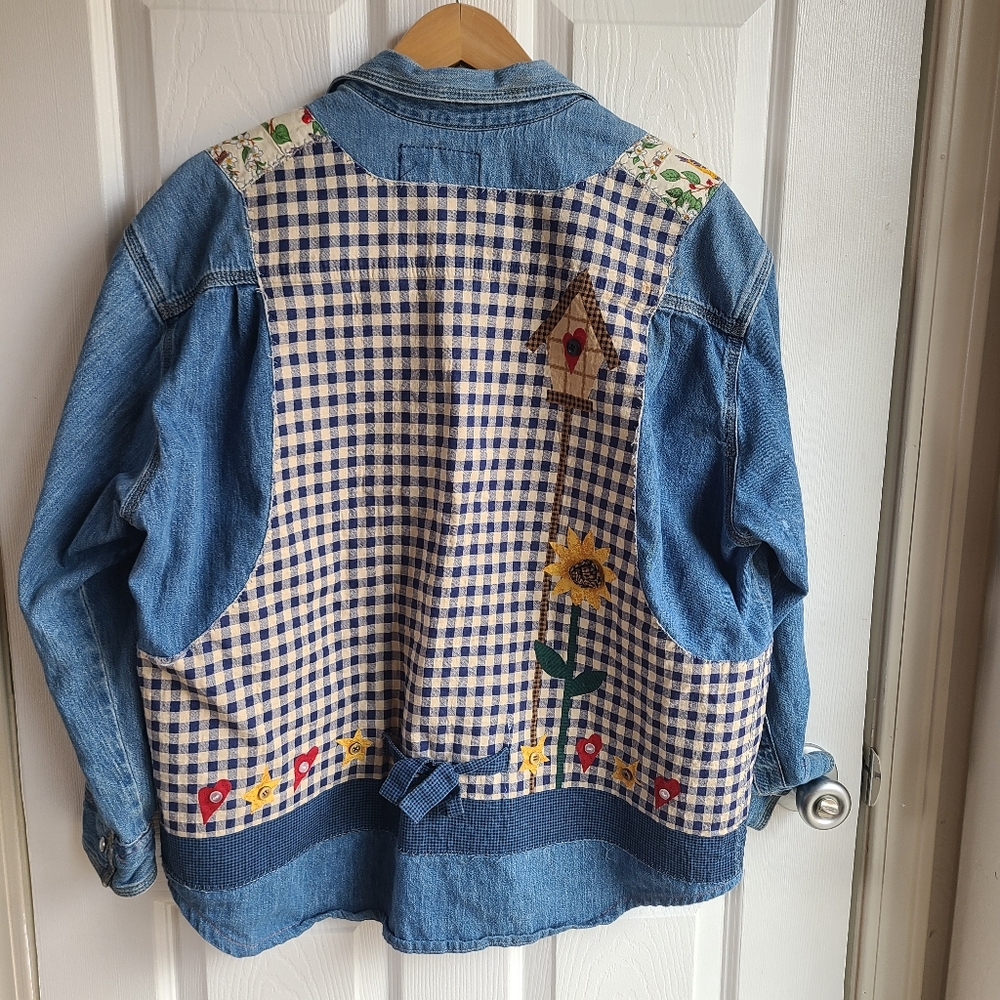 Vintage Blue Pilot Patchwork Sunflower Denim Jean… - image 3